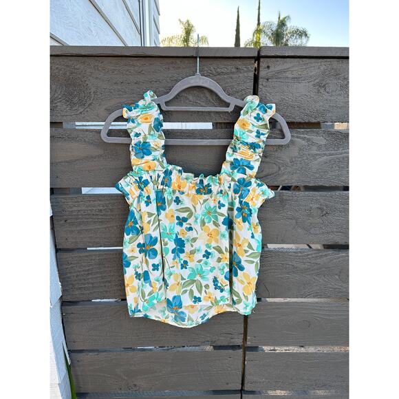 Mine Ruffle, Flowy, Ruched Tank Top,‎ Turquoise, Yellow, White, Size: Large - Picture 4 of 6